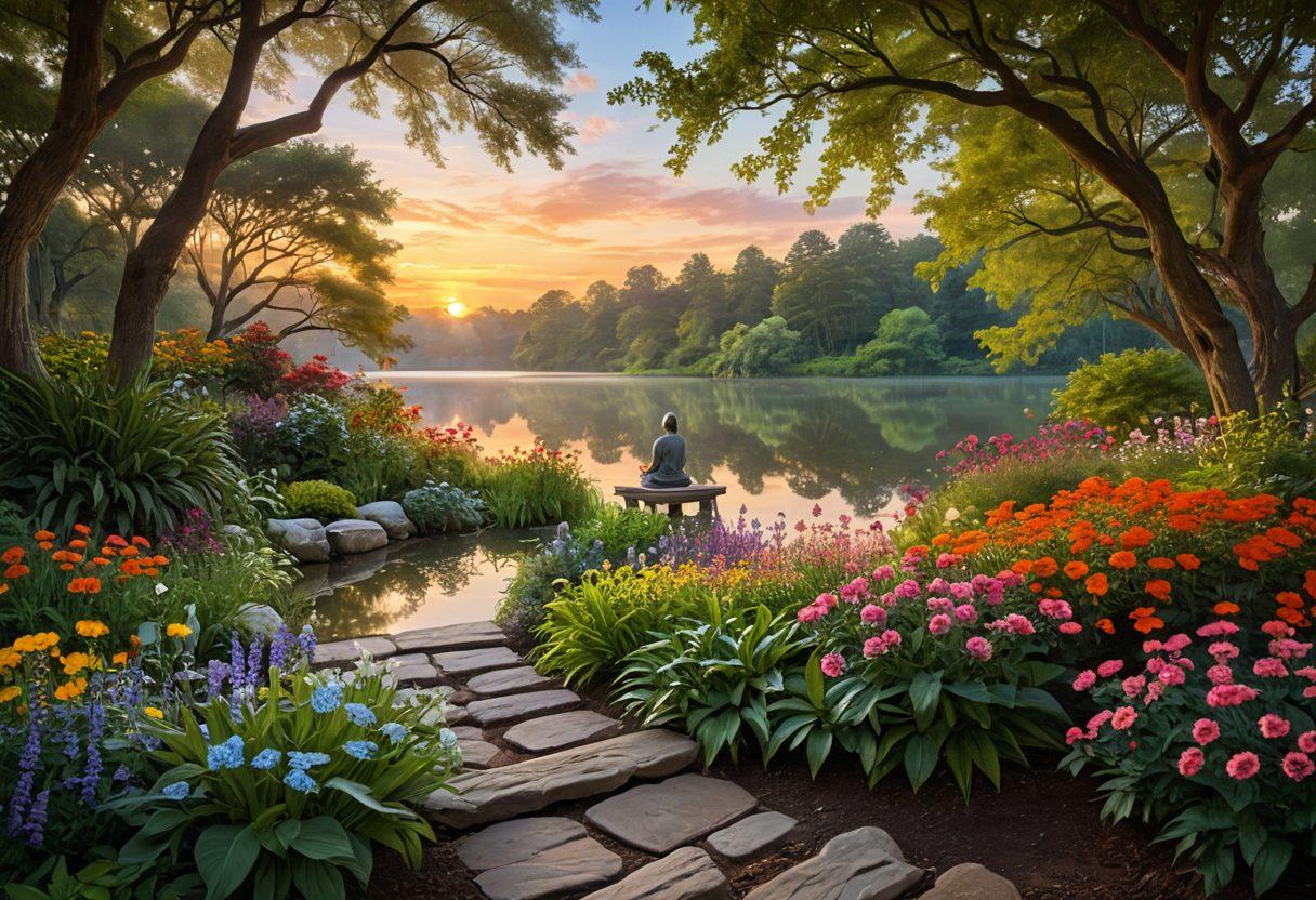 A serene landscape depicting a winding path through a lush garden filled with colorful flowers and soft, glowing light. A meditating figure sits peacefully at the center, radiating calm and happiness, surrounded by gentle butterflies and tall trees swaying in a light breeze. In the background, a serene lake reflects the soft colors of the sunset, symbolizing inner peace and spiritual growth. super-realistic. vibrant colors. soft lighting.