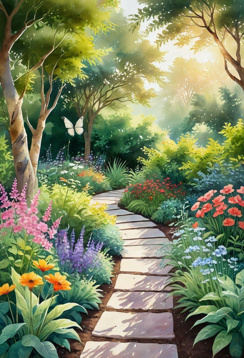 A serene landscape featuring a sunrise illuminating a peaceful garden filled with vibrant flowers and lush greenery, a winding path leading to a meditative space with a person practicing yoga. Soft beams of light radiate from the sun, casting cheerful shadows. Elements of nature like butterflies and birds symbolize joy and spiritual growth. watercolor style. warm colors. soothing ambiance.