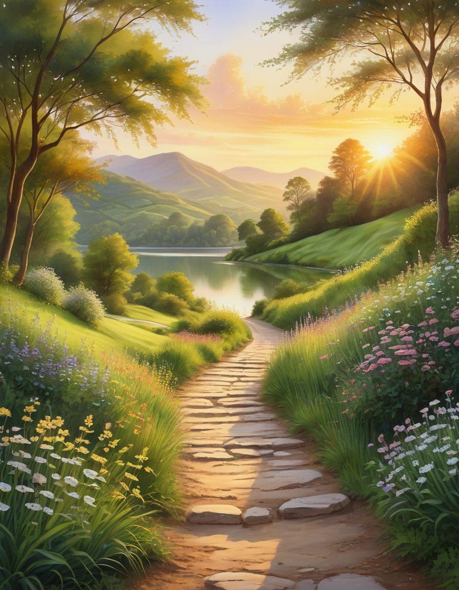A serene landscape depicting a winding path through lush green hills, with a serene sunrise casting warm golden hues. Along the path, figures practicing gratitude and compassion, helping each other, surrounded by blooming flowers symbolizing growth. Elements of tranquility like a calm lake reflecting the sky. Ethereal light breaking through the trees, illuminating the way. watercolor painting. soft pastels. tranquil ambiance.
